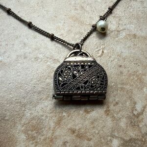 Gunmetal Necklace Purse Locket With Pearl Drop Charm 16” Chain + Extender Unique